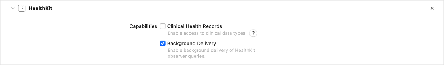 HealthKit capability with Background Delivery checkbox enabled