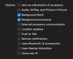 Background Modes options with Background Fetch and Background Processing checked