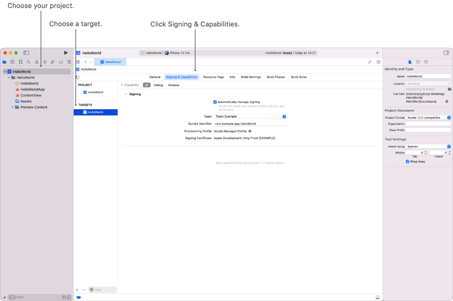 Xcode project navigator showing Signing & Capabilities tab