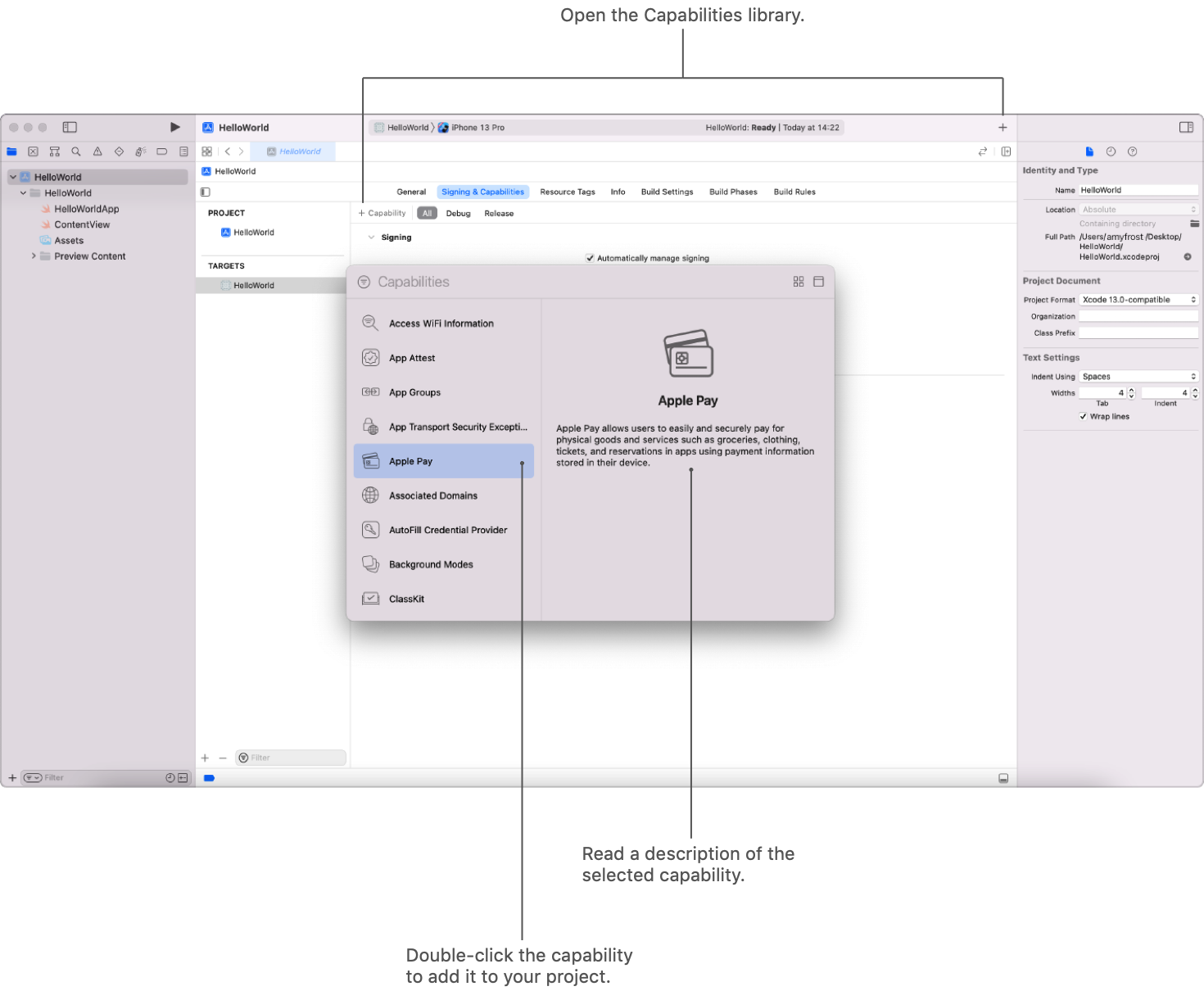 Xcode Capabilities library dialog